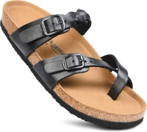 AEROTHOTIC Womens Strappy Slip-On Modern Memory Foam Cushion Footbed Outdoor Adjustable Buckle Cork Footbed Slides for Sandals with Comfortable Arch Support