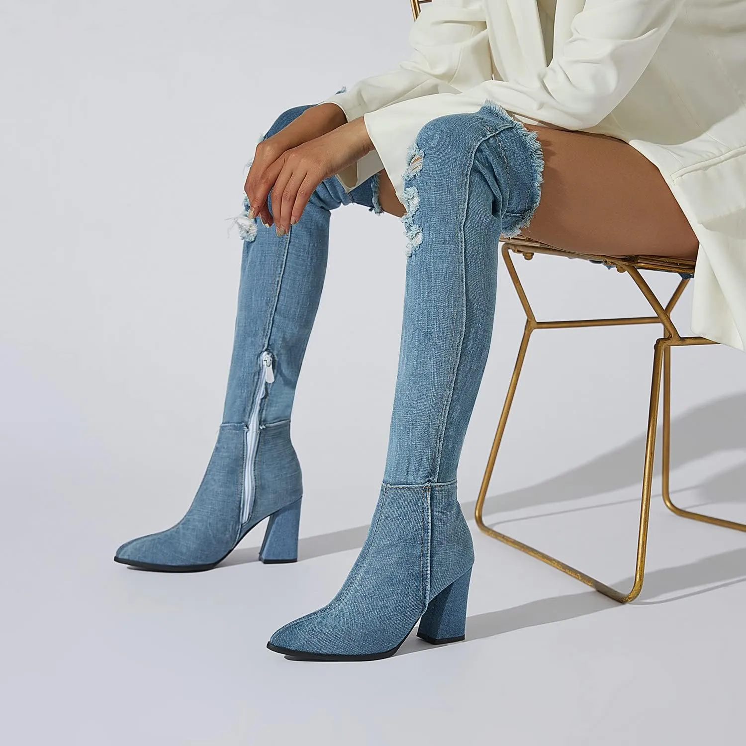 Agodor Women's Denim Thigh High Boots Cutout Over The Knee Blue Jean Boots