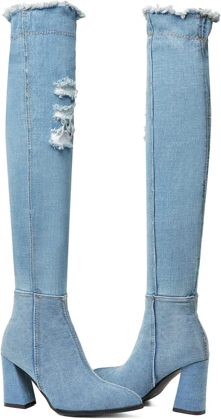 Agodor Women's Denim Thigh High Boots Cutout Over The Knee Blue Jean Boots