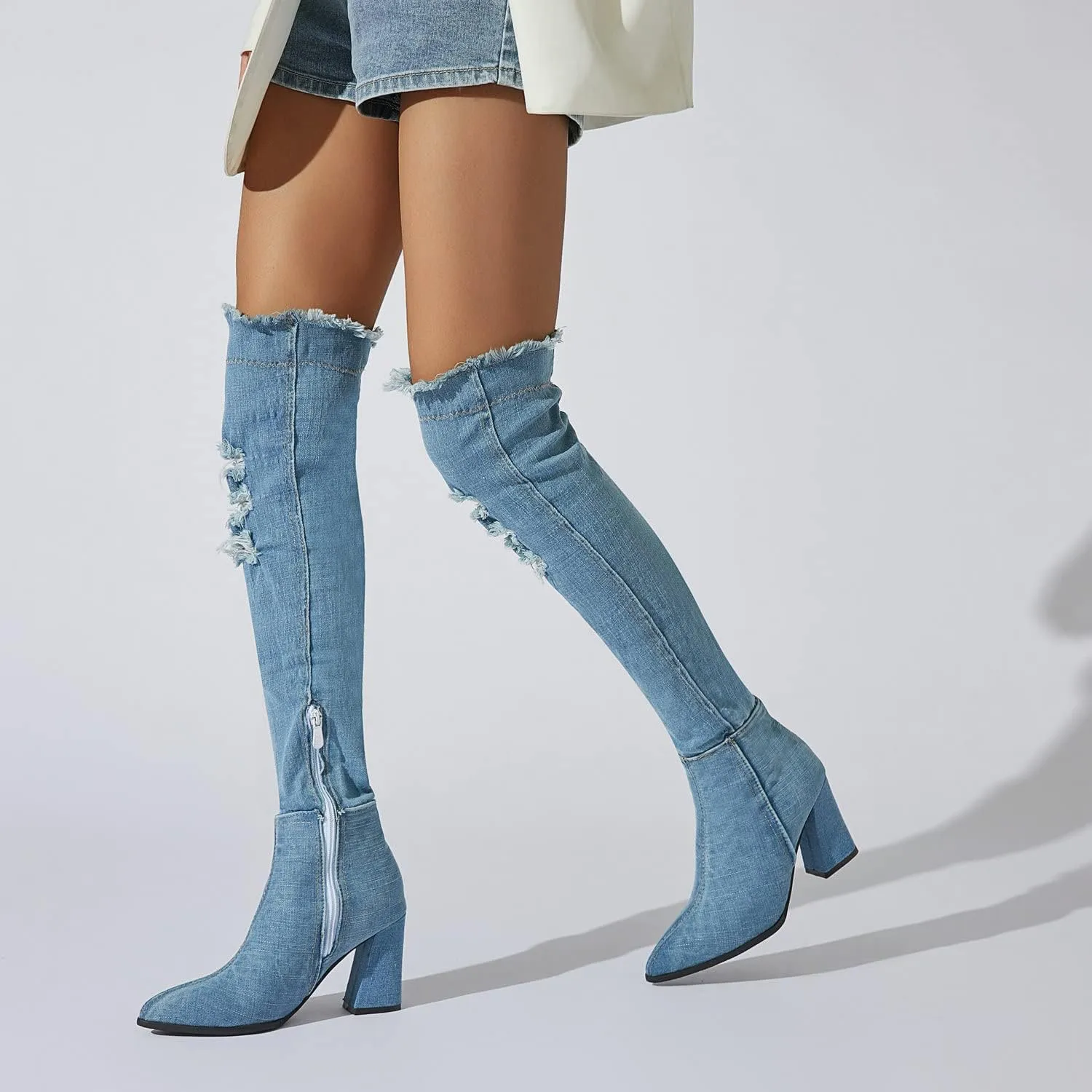 Agodor Women's Denim Thigh High Boots Cutout Over The Knee Blue Jean Boots