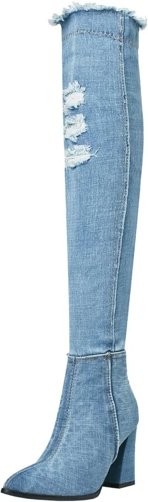 Agodor Women's Denim Thigh High Boots Cutout Over The Knee Blue Jean Boots