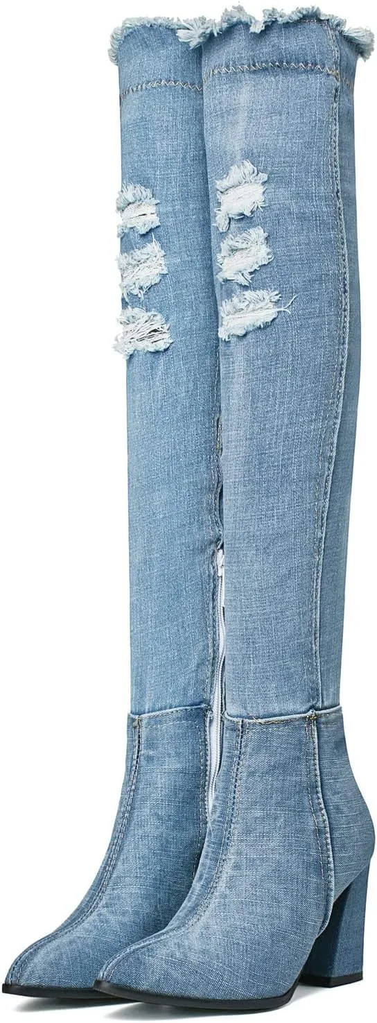 Agodor Women's Denim Thigh High Boots Cutout Over The Knee Blue Jean Boots