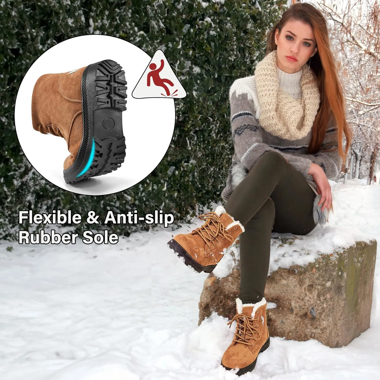 Alicegana Women Winter Boots Snow: Warm Cotton Fur Lined Winter Shoes Lace Up Comfortable Non Slip Ankle Platform Boots Outdoor
