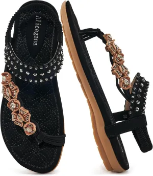 Alicegana Womens Sandals Dressy Flats: Bohemian Summer Comfortable Split Toe Shoes Walking Beach Gladiator