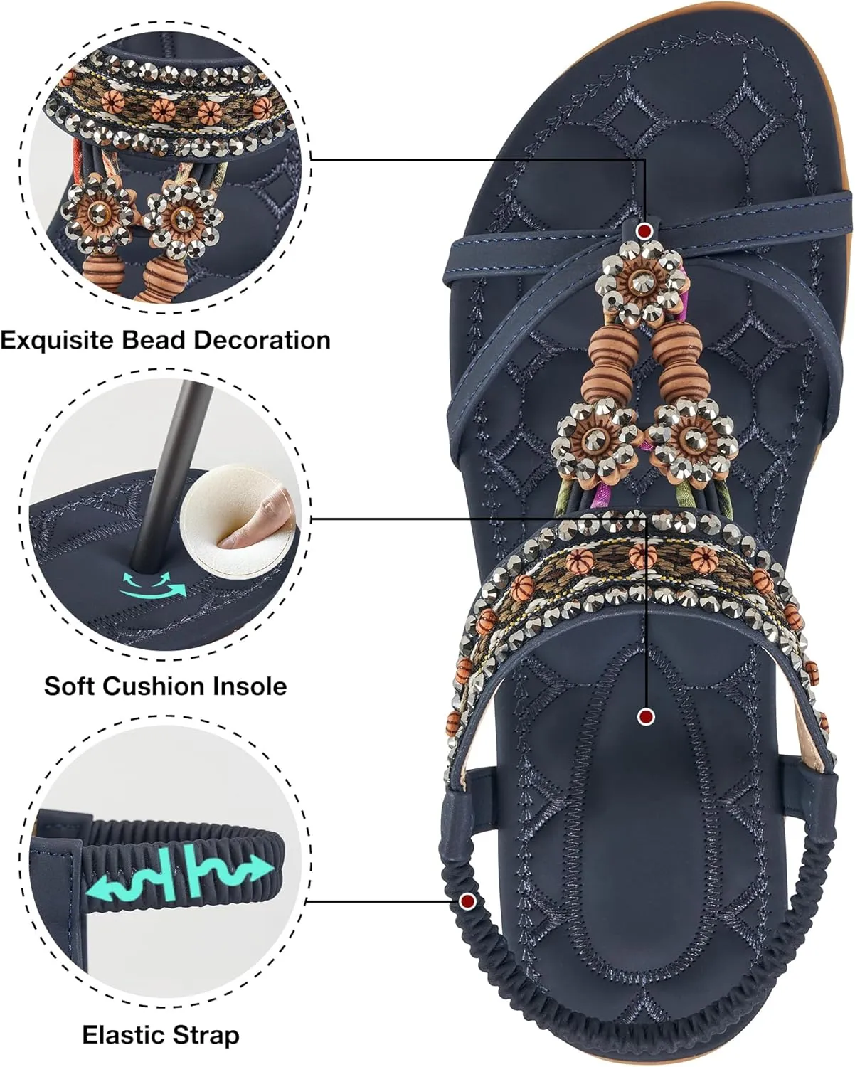 Alicegana Womens Sandals Dressy Summer: Comfortable Bohemian Flats Elastic Ankle Strap Walking Beach Shoes