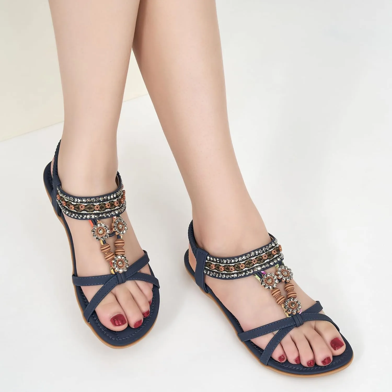 Alicegana Womens Sandals Dressy Summer: Comfortable Bohemian Flats Elastic Ankle Strap Walking Beach Shoes