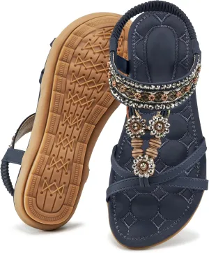 Alicegana Womens Sandals Dressy Summer: Comfortable Bohemian Flats Elastic Ankle Strap Walking Beach Shoes