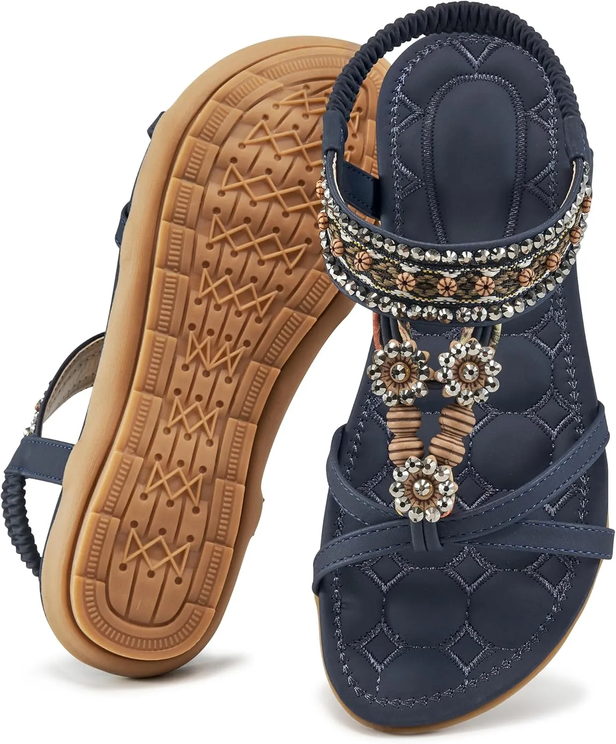 Alicegana Womens Sandals Dressy Summer: Comfortable Bohemian Flats Elastic Ankle Strap Walking Beach Shoes