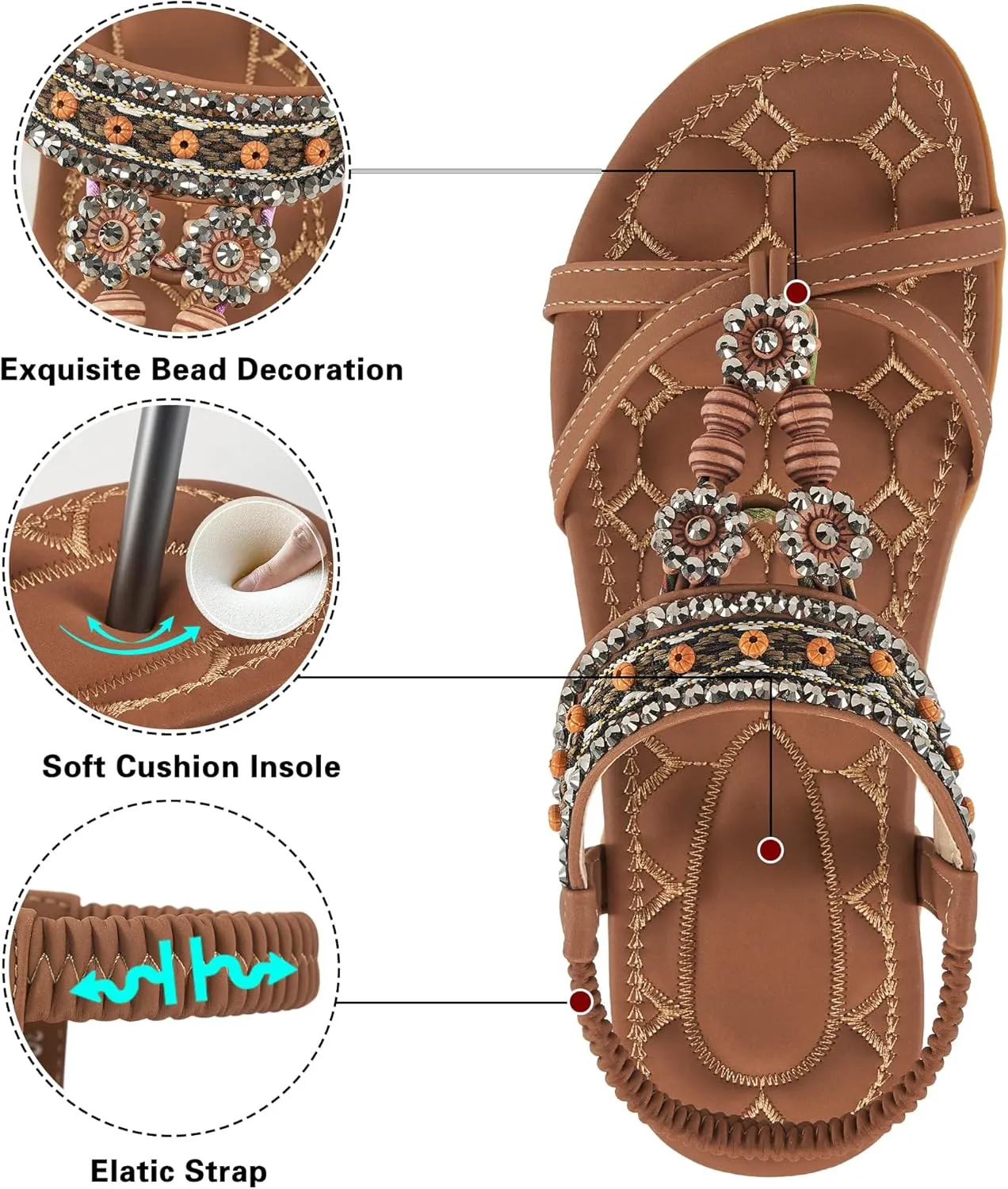 Alicegana Womens Sandals Dressy Summer: Comfortable Bohemian Flats Elastic Ankle Strap Walking Beach Shoes