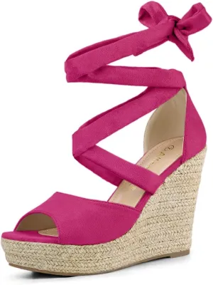 Allegra K Women's Lace Up Espadrilles Platform Wedges Hot Pink Sandals 7.5 M US