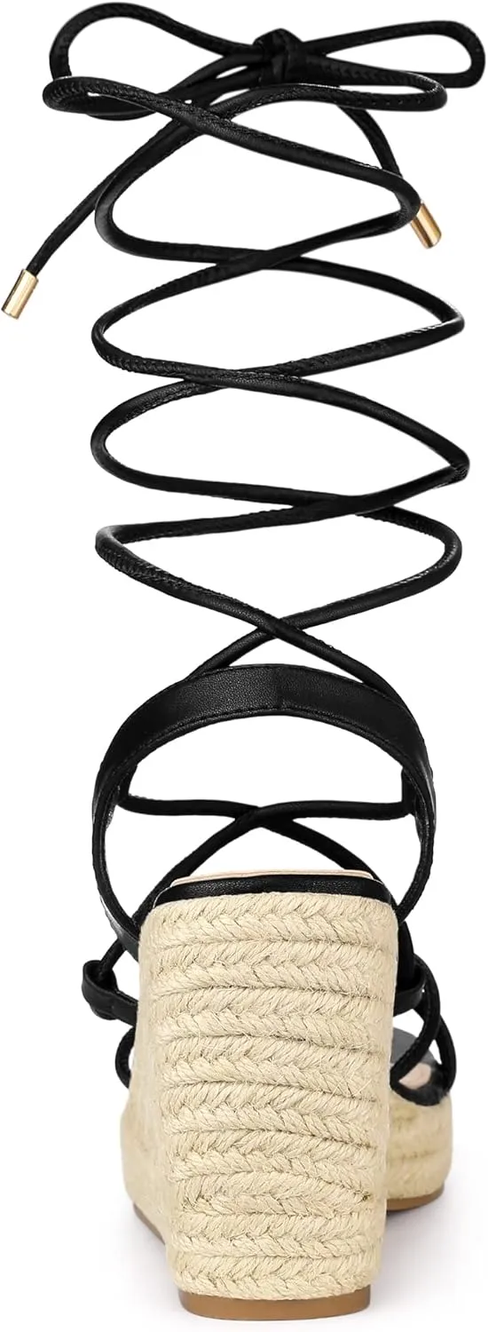 Allegra K Women's Platform Square Toe Lace Up Espadrilles Heels Wedge Sandals