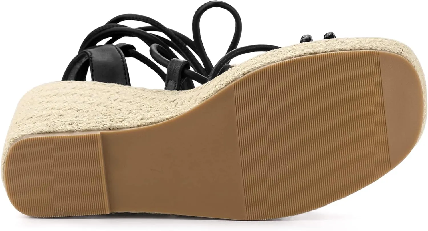 Allegra K Women's Platform Square Toe Lace Up Espadrilles Heels Wedge Sandals