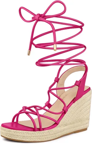 Allegra K Women's Platform Square Toe Lace Up Espadrilles Heels Wedge Sandals