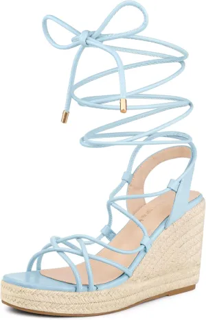 Allegra K Women's Platform Square Toe Lace Up Espadrilles Heels Wedge Sandals