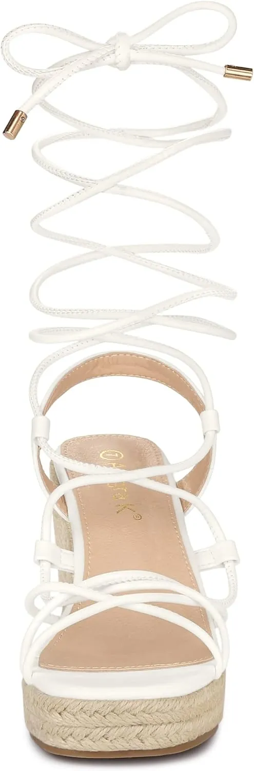 Allegra K Women's Platform Square Toe Lace Up Espadrilles Heels Wedge Sandals