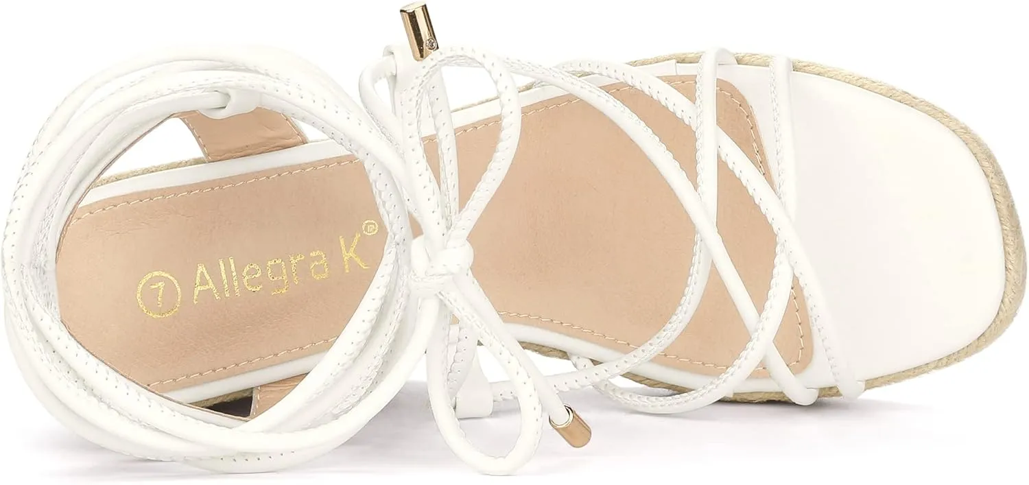Allegra K Women's Platform Square Toe Lace Up Espadrilles Heels Wedge Sandals