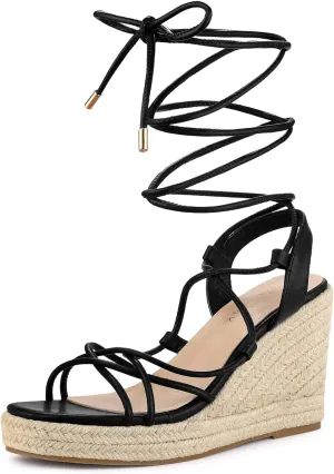 Allegra K Women's Platform Square Toe Lace Up Espadrilles Heels Wedge Sandals