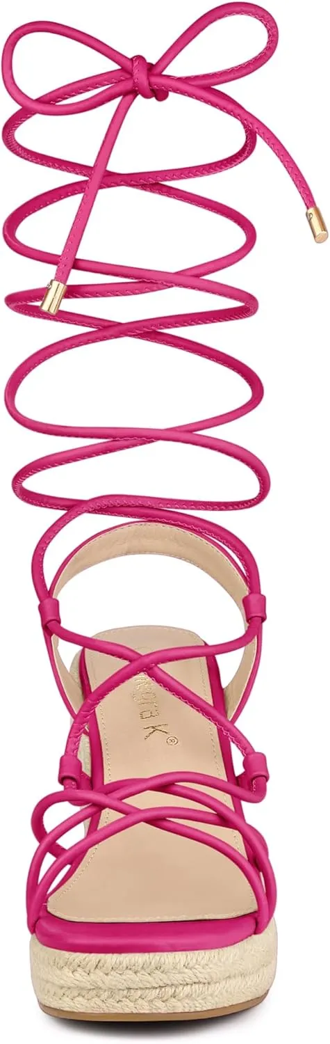 Allegra K Women's Platform Square Toe Lace Up Espadrilles Heels Wedge Sandals