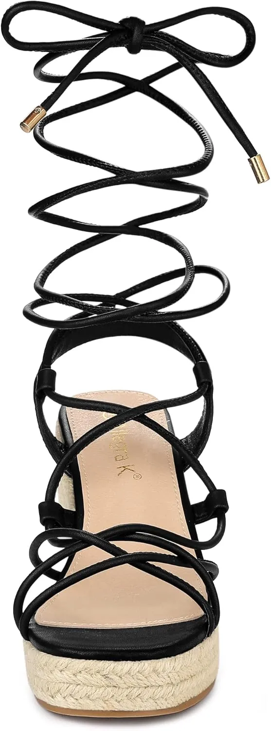 Allegra K Women's Platform Square Toe Lace Up Espadrilles Heels Wedge Sandals