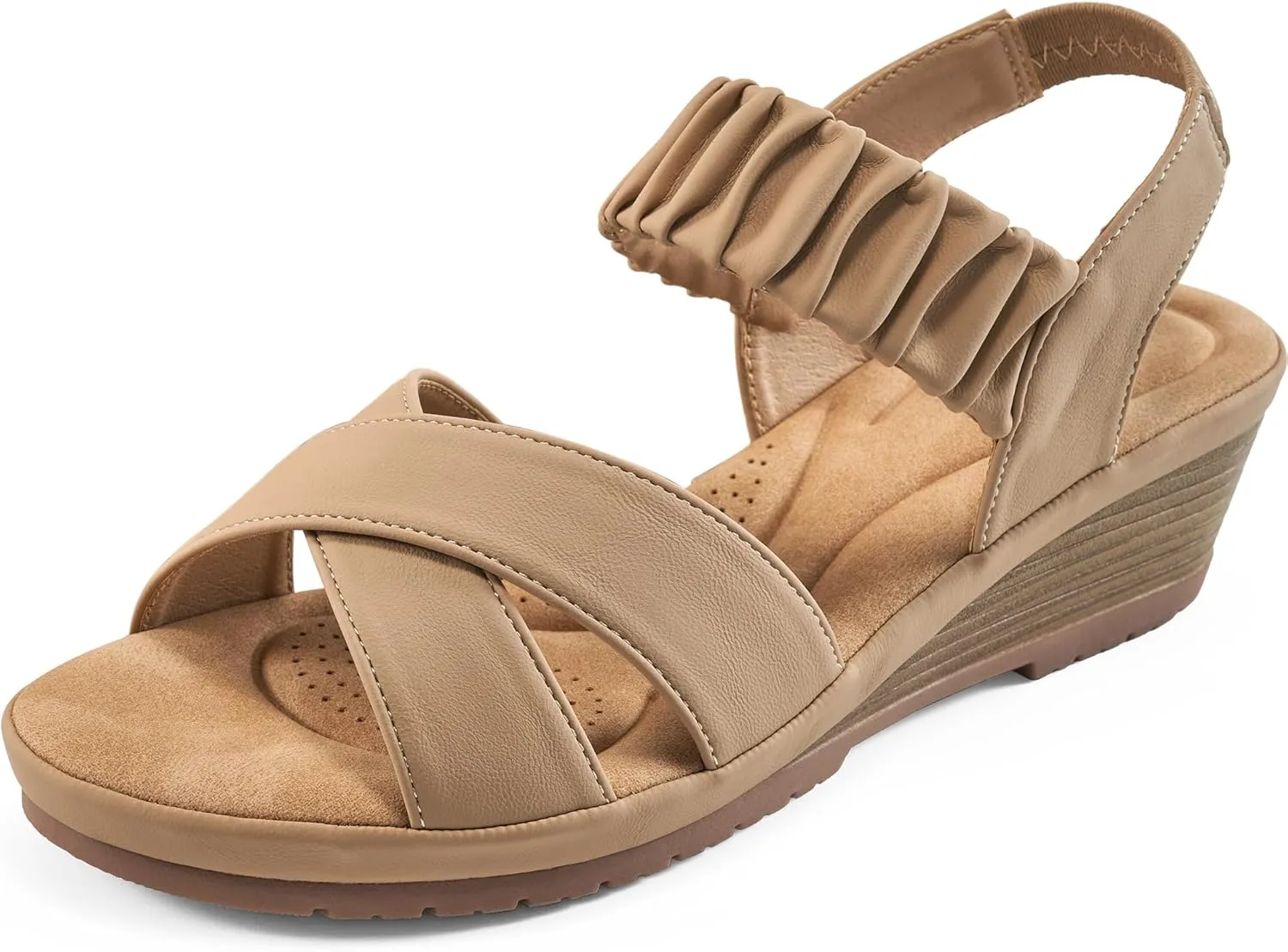 Almusen Womens Wedge Sandals Dressy: Comfortable Elastic Ankle Strap Summer Low Heel Work Sandals for Women Fashion Cross Band Wedding Shoes