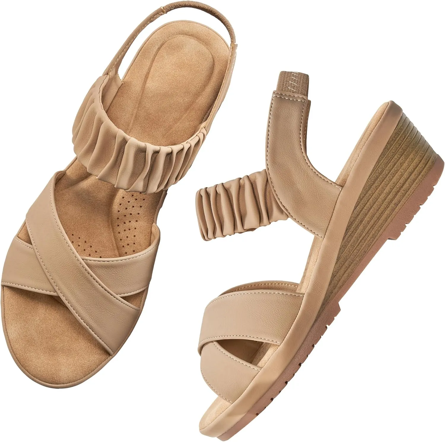 Almusen Womens Wedge Sandals Dressy: Comfortable Elastic Ankle Strap Summer Low Heel Work Sandals for Women Fashion Cross Band Wedding Shoes