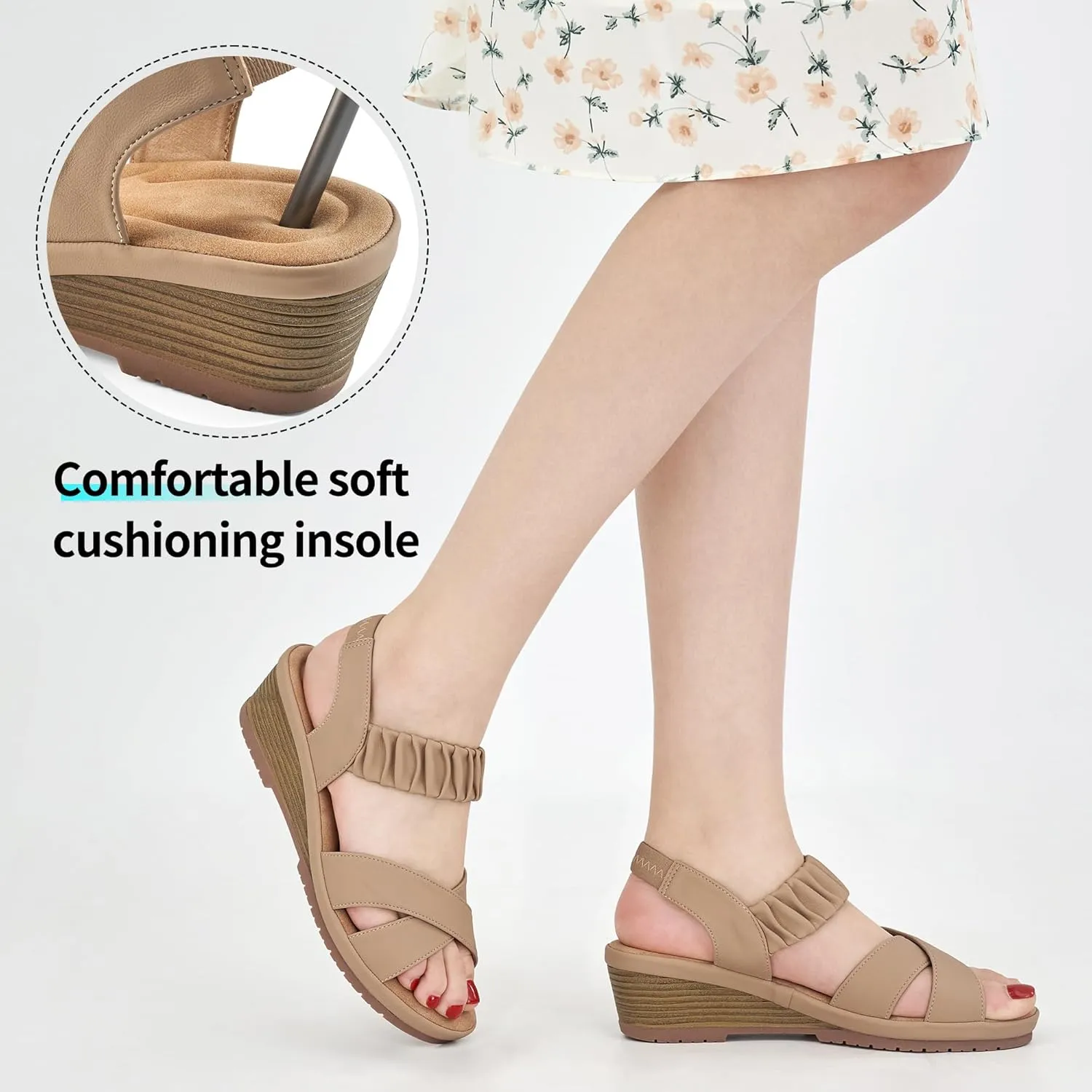 Almusen Womens Wedge Sandals Dressy: Comfortable Elastic Ankle Strap Summer Low Heel Work Sandals for Women Fashion Cross Band Wedding Shoes