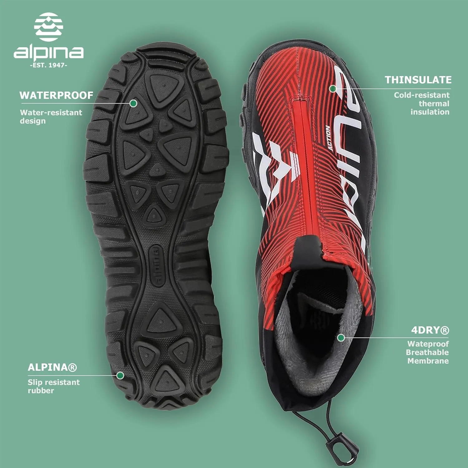 Alpina Brand XT Waterproof Boots for Cold Weather - Comfort Insulated Trekking Shoes - Slip-Resistant with 4Dry Breathable Membrane - Super Light - Winter All Day Shoes