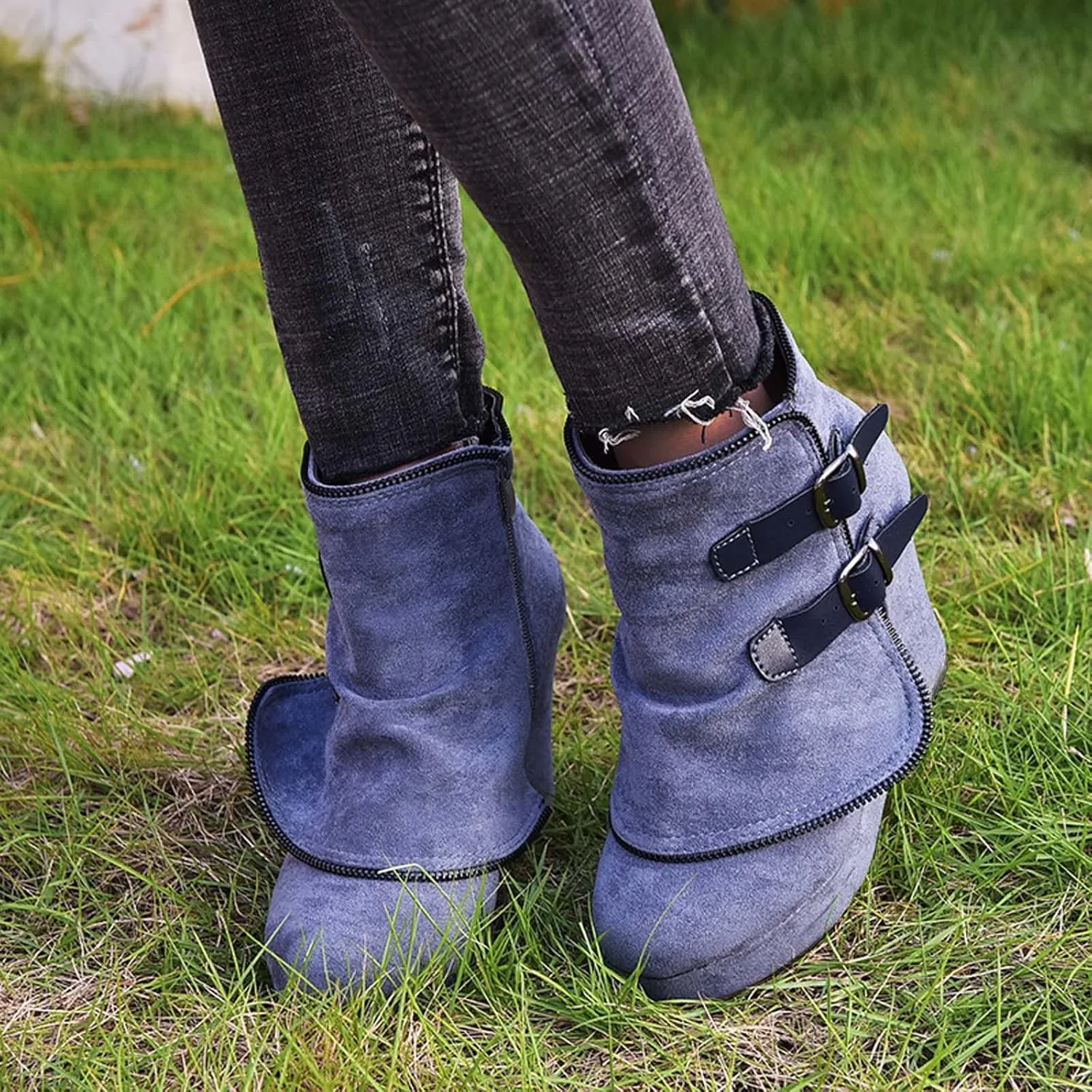 AMDBEL Fall Boots for Women 2023, Ankel Boots for Women Wedge Ankle Boots Braided Strap Western Heeled Booties Dress Shoes