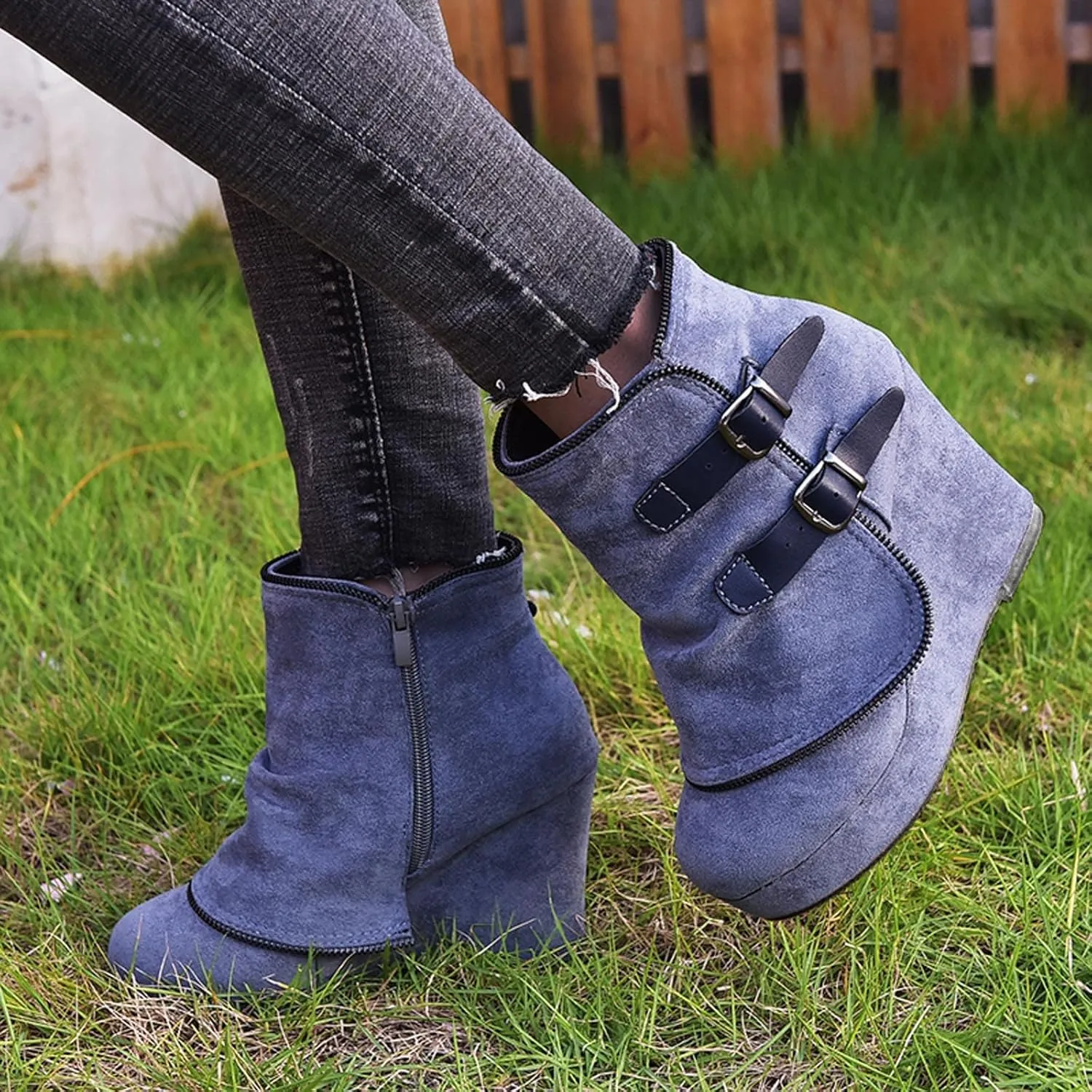 AMDBEL Fall Boots for Women 2023, Ankel Boots for Women Wedge Ankle Boots Braided Strap Western Heeled Booties Dress Shoes