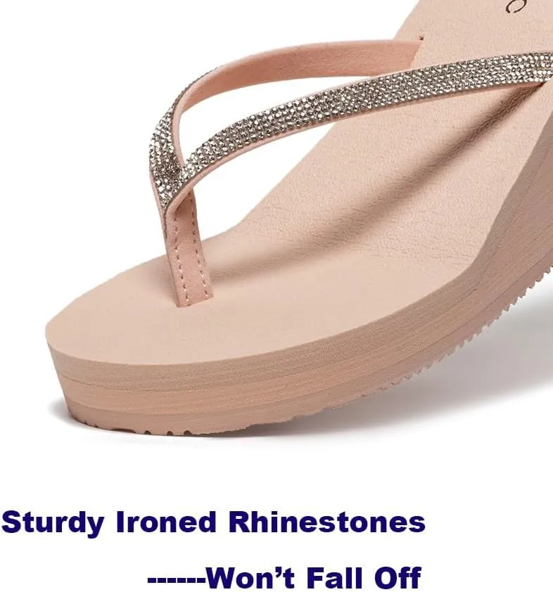 Ampeo Women's Wedge Sandals Rhinestone Thong Platform Flip Flops