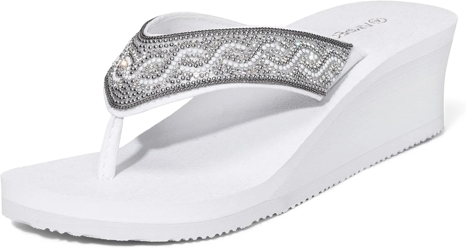 Ampeo Women's Wedge Sandals Rhinestone Thong Platform Flip Flops