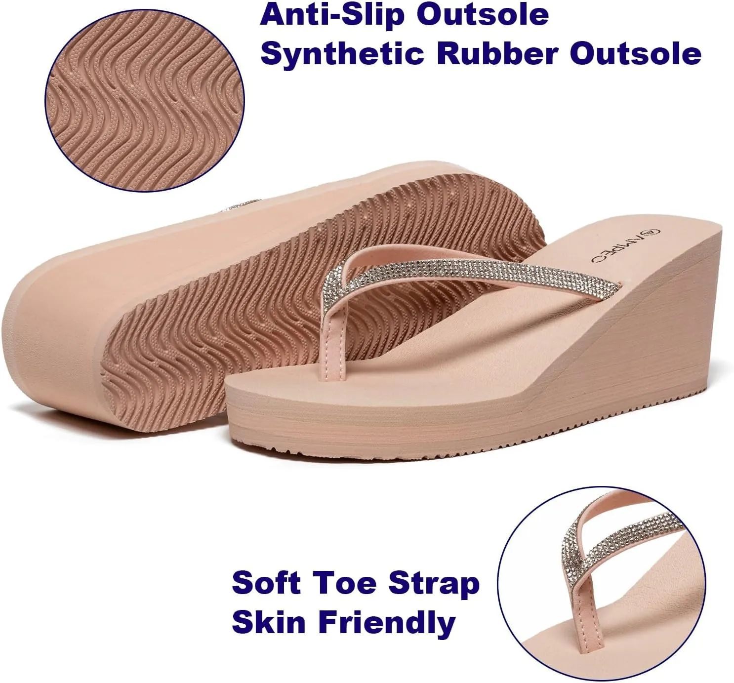 Ampeo Women's Wedge Sandals Rhinestone Thong Platform Flip Flops