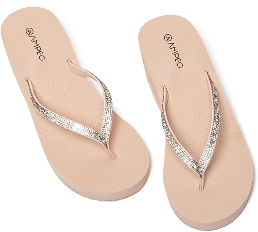 Ampeo Women's Wedge Sandals Rhinestone Thong Platform Flip Flops