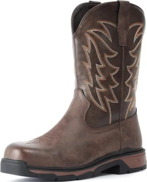 ANGRYRAM Steel Toe Work Boots for Men Waterproof Puncture Resistant Construction Safety Shoes Men's Slip on Square Toe Cowboy Boots