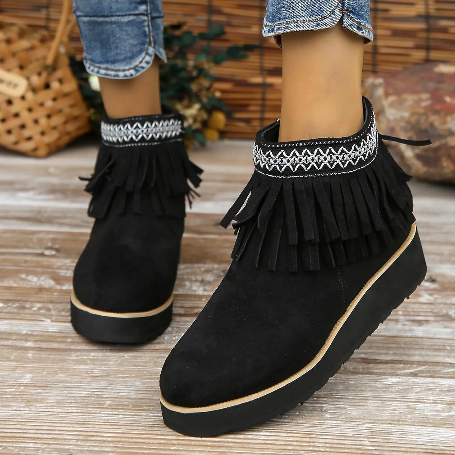 Ankle Boots for Women Comfortable Women Boots Ankle Boots Suede Frosted Tassel Soft Sole Thick Wedge Heel Ankle Boots