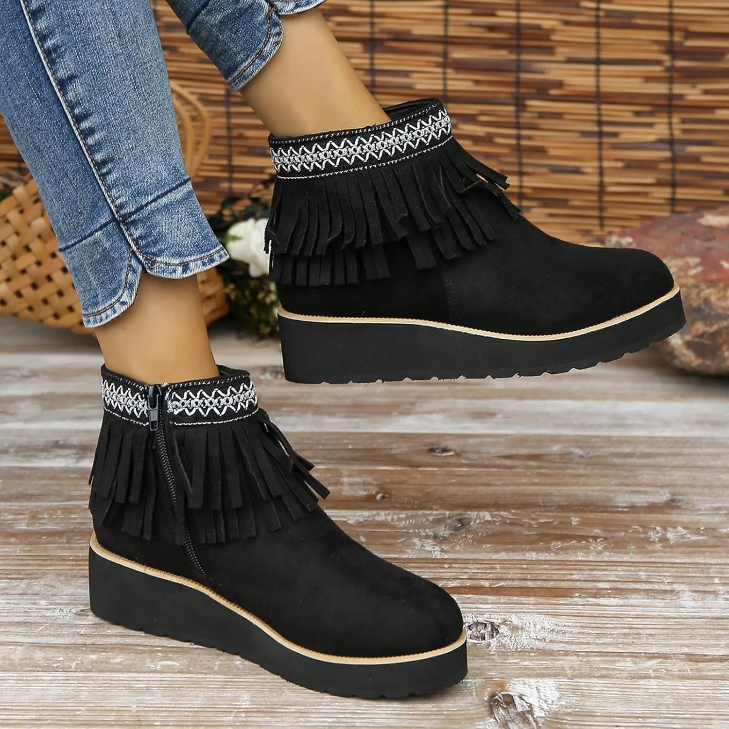 Ankle Boots for Women Comfortable Women Boots Ankle Boots Suede Frosted Tassel Soft Sole Thick Wedge Heel Ankle Boots