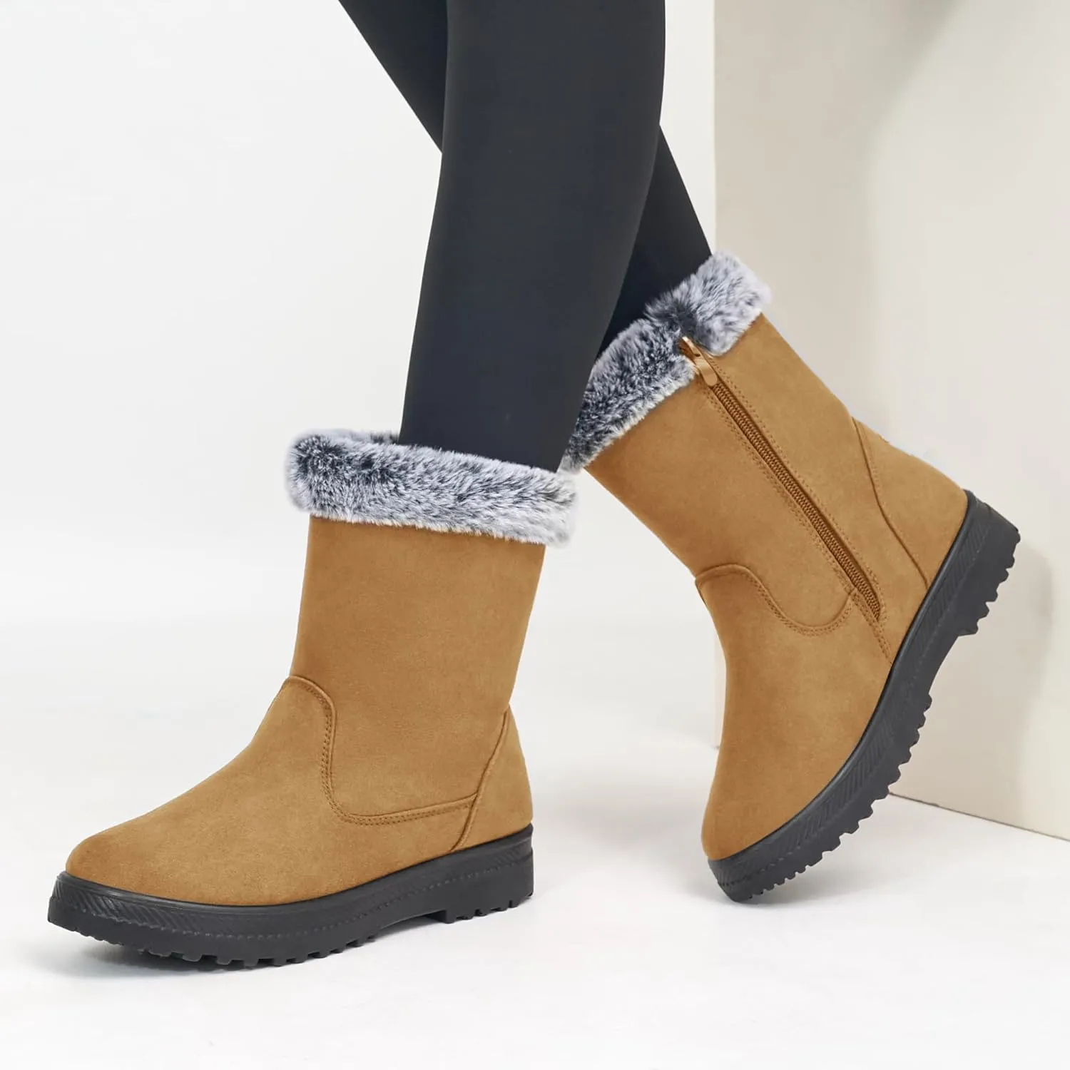 Aomigoct Warm Winter Boots for Women: Fur Lined Mid Calf Boots for Women Comfortale Zipper Womens Snow Boots Waterproof Walking Outdoor