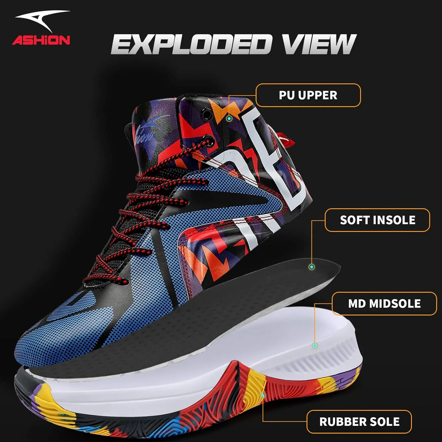 ASHION Mens Basketball Shoes Lightweight Breathable Sneakers Anti Slip Sports Shoes for Running Walking