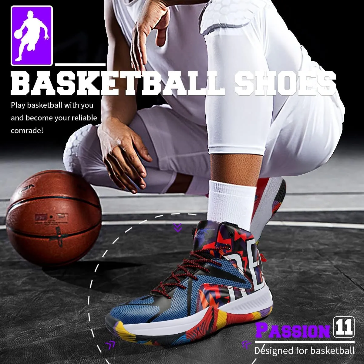 ASHION Mens Basketball Shoes Lightweight Breathable Sneakers Anti Slip Sports Shoes for Running Walking