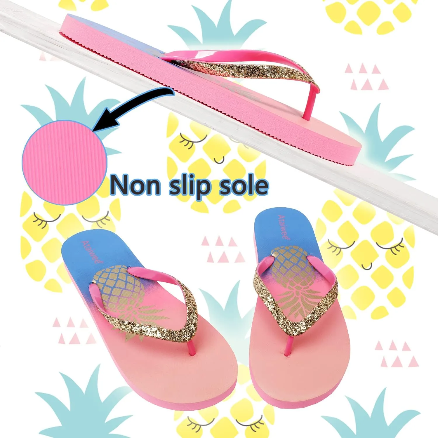 Ataiwee Girl's Flip Flops, Kid's Slip On Thong Sandals with Fruit Printed.