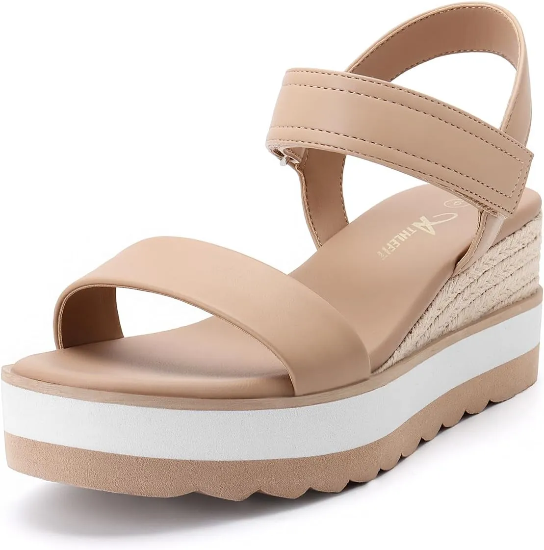 Athlefit Wedge Sandals for Women Comfortable Platform Sandals Espadrille Dressy Open Toe Leather Ankle Strap Casual Nude Sandals Size 8