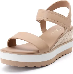 Athlefit Wedge Sandals for Women Comfortable Platform Sandals Espadrille Dressy Open Toe Leather Ankle Strap Casual Nude Sandals Size 8