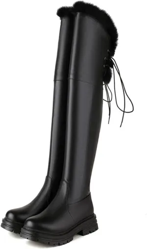 Back Lace-Up Side Zipper Snow Boots, Thick Fleece Lining Raw Edge Warm Over-The-Knee Boots Patent Leather Rubber Sole Straight Boots Waterproof Women's Winter Boots