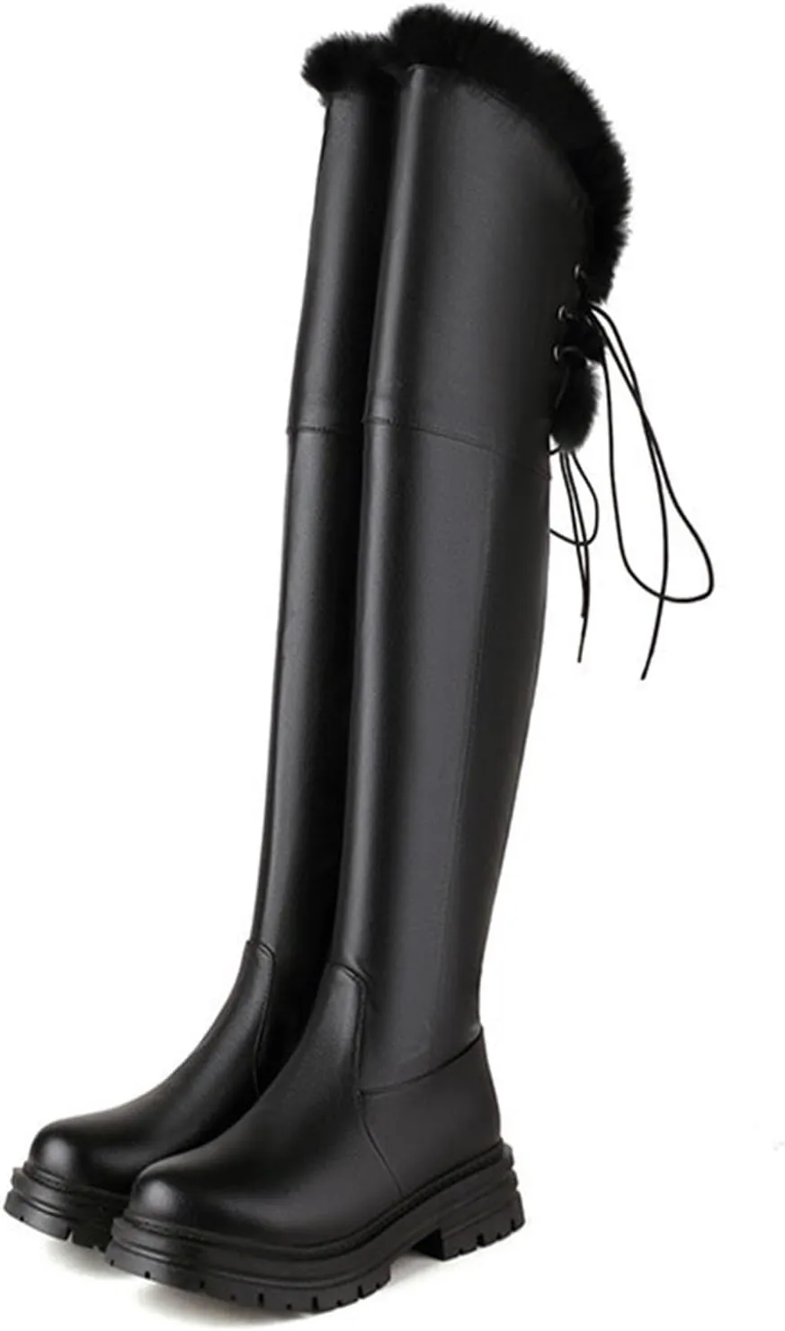 Back Lace-Up Side Zipper Snow Boots, Thick Fleece Lining Raw Edge Warm Over-The-Knee Boots Patent Leather Rubber Sole Straight Boots Waterproof Women's Winter Boots