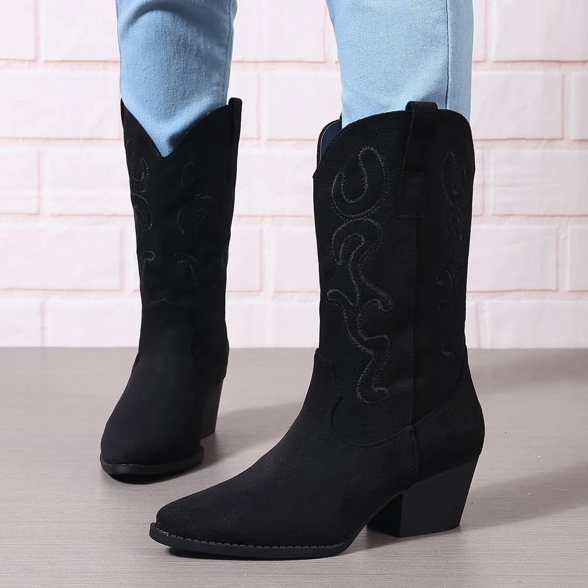Bandkos Cowboy Boots for Women Cowgirl Mid Calf Western Boots Embroidered Stitched Pointed Toe Chunky Block Heel