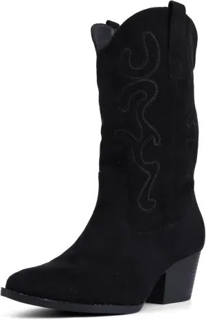 Bandkos Cowboy Boots for Women Cowgirl Mid Calf Western Boots Embroidered Stitched Pointed Toe Chunky Block Heel