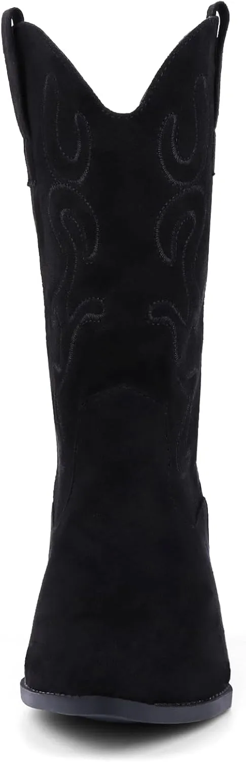 Bandkos Cowboy Boots for Women Cowgirl Mid Calf Western Boots Embroidered Stitched Pointed Toe Chunky Block Heel