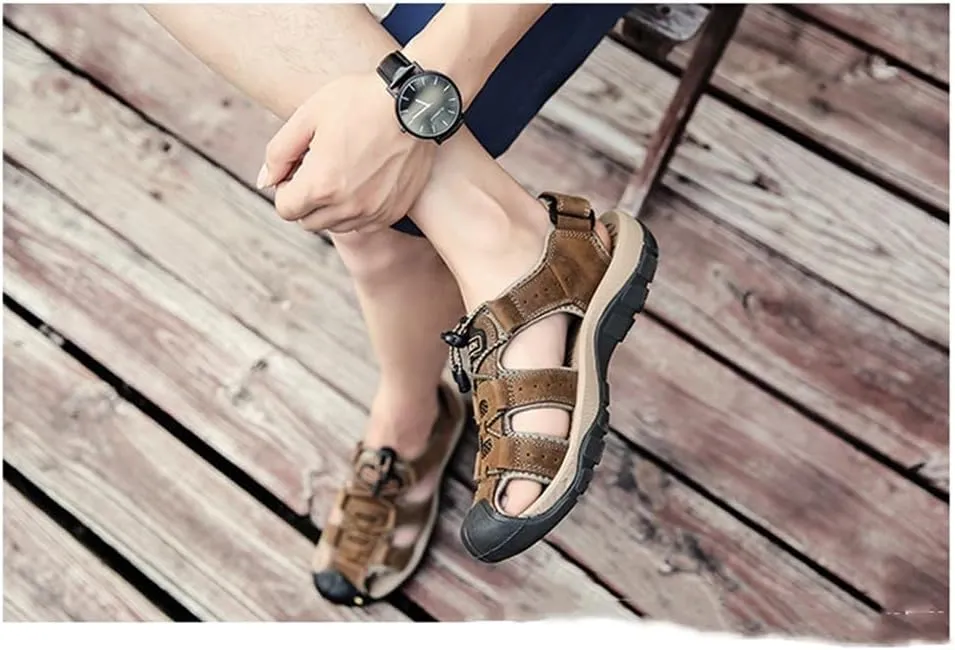 BaronHong Men Outdoor Hiking Sandals Summer Leather Walking Non-Slip Mountain Beach Trekking Sandals Creek River Shoes