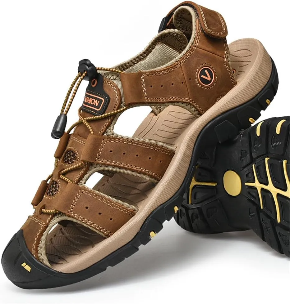 BaronHong Men Outdoor Hiking Sandals Summer Leather Walking Non-Slip Mountain Beach Trekking Sandals Creek River Shoes