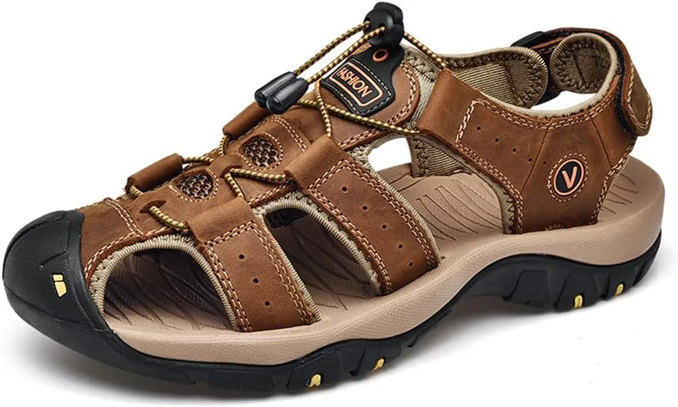 BaronHong Men Outdoor Hiking Sandals Summer Leather Walking Non-Slip Mountain Beach Trekking Sandals Creek River Shoes